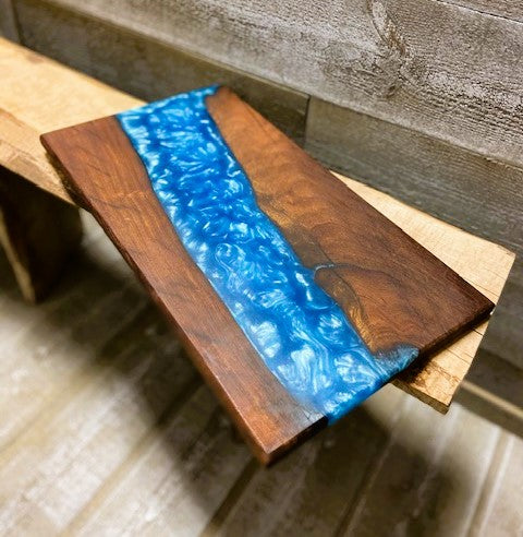 Cutting Board. Mesquite Wood and Metalic Aqua Blue Resin. 9.5" x 17.5"