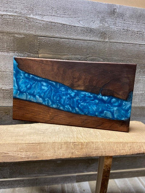 Cutting Board. Mesquite Wood and Metalic Aqua Blue Resin. 9.5" x 17.5"