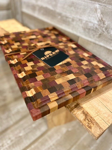 End Grain Cutting Board w/ juice groove. Purple Heart, Maple, Wenge, Cherry and Walnut Wood.   11"x16.5"